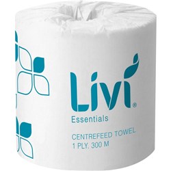 Livi Essentials Hand Towel Centrefeed Roll 1 Ply 300m Box Of 4