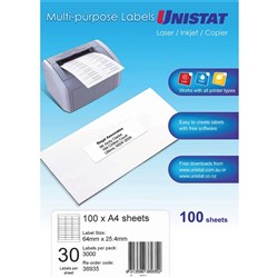 Unistat Laser Copier & Inkjet Labels 64x25.4mm 30UP 3000 Labels 100 Sheets